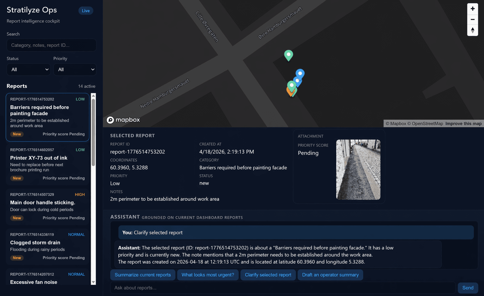 Stratilyze dashboard showing a map, report list, and selected report details.